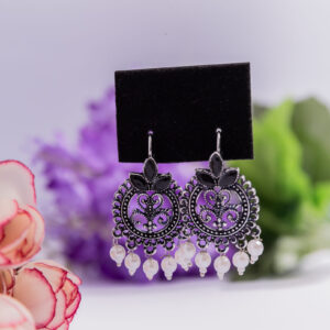 Black-oxidized Filigree Chandbali with Pearl Drops