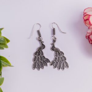 Oxidized Peacock Feather Drop Earrings