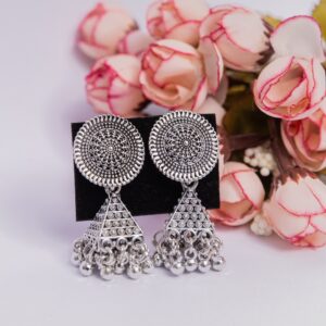 Textured Round Top Oxidized Jhumka with Bead Tassels